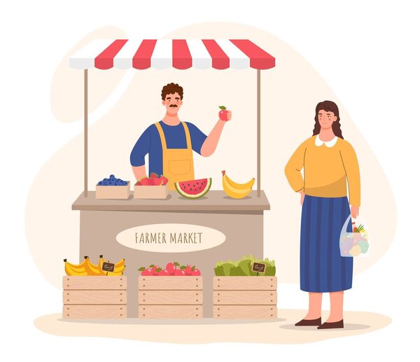 Farmer market concept. Man sells vegetables and fruits, natural and organic products to woman. Local shop or store, agriculture. Poster or banner for website. Cartoon flat vector illustration