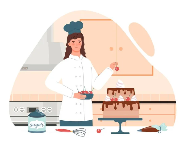 ペストリーシェフのコンセプト 女性はケーキを準備し クリームとチェリーでケーキを飾ります デザートアイデンティティ 休日や祭りのためのギフト カフェかレストラン 漫画フラットベクターイラスト — ストックベクタ