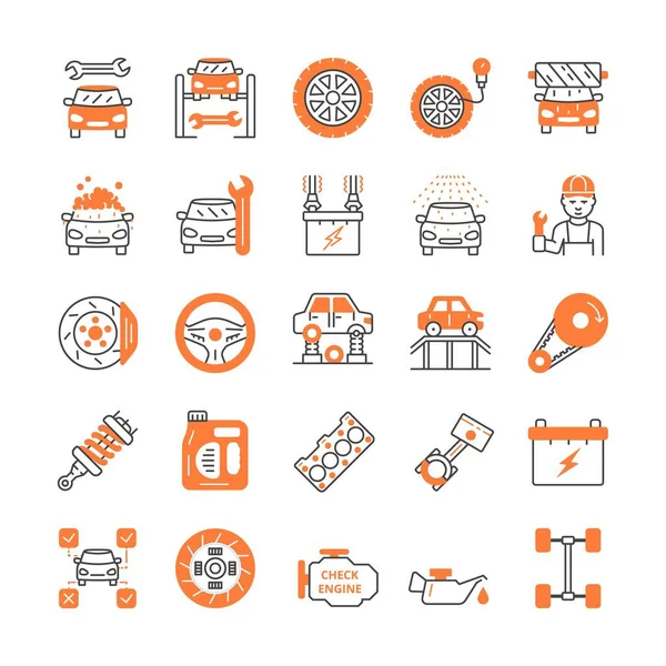 Car service color icons set. Collection of graphic elements for website. Car with wrench, foam at auto wash. Engine oil and brake. Cartoon flat vector illustrations isolated on white background