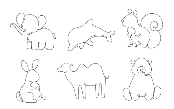 ラインアート動物セット ウェブサイトのグラフィック要素の収集 イルカ カンメル ウサギ リスのソルエット 白い背景に隔離された漫画の平らなベクトルのイラスト — ストックベクタ