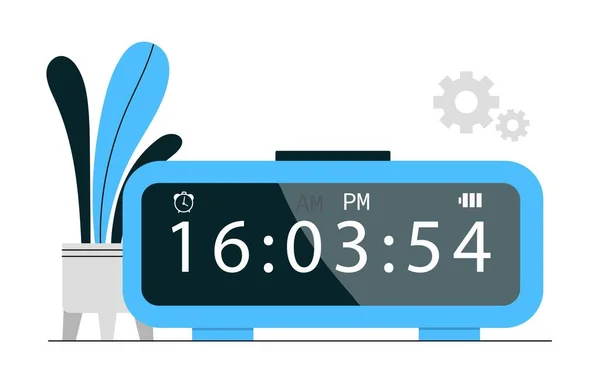 電子時計のコンセプト ベッドサイドテーブルのデジタルデスククロックは ディスプレイに16時間表示されます 寝室やオフィスのインテリアの要素 漫画フラットベクターイラスト — ストックベクタ