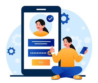 Çevrimiçi kayıt kavramı. Kadın internet sitesinde hesap ya da profil oluşturur, kullanıcı adı ve şifreyle ortaya çıkar. Yeni site ya da sosyal ağ kullanıcısı. Verilerin korunması. Çizgi film düz vektör çizimi