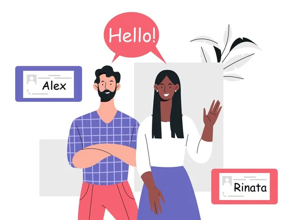 Hello people concept. Man and woman greet each other, sociable employees, colleagues and friends. Characters welcome newcomer to workplace. People wave hands. Cartoon flat vector illustration