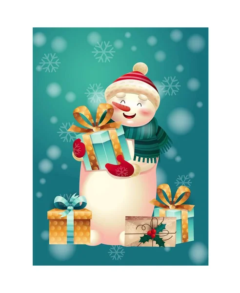 Bonhomme Neige Noël Avec Cadeau Personnage Fictif Avec Présent Surprise — Image vectorielle