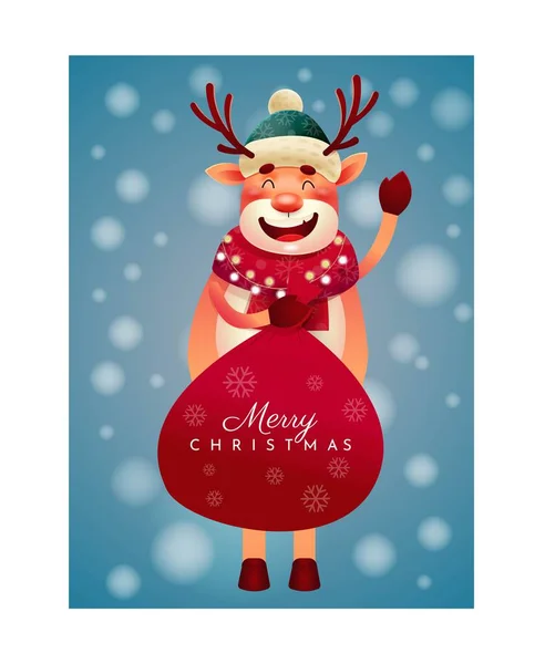 Cerf Noël Avec Cadeau Animal Avec Sac Cadeau Rouge Nouvel — Image vectorielle