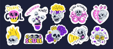 Kafatası çıkartmaları hazır. Web sitesi için grafik elementlerin toplanması. Meksika kültürü ve gelenekleri, ölüm günü. Dia de los Muertos. Çizgi film düz vektör çizimleri siyah arkaplan üzerinde izole