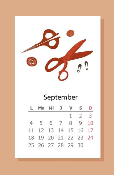 Kalendář Šití 2023 Koncept Červené Nůžky Knoflíky Kolíky Time Management — Stockový vektor