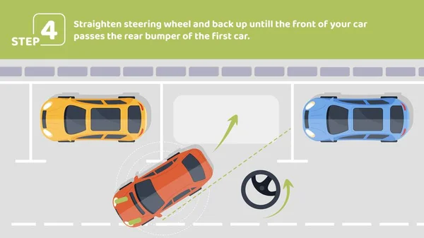 パラレルパーキングステップ4 ステアリングホイールをまっすぐにして 最初の車両の後部バンパーを通過するまでバックアップします 道路のルールを持つ教育インフォグラフィック 漫画フラットベクターイラスト — ストックベクタ