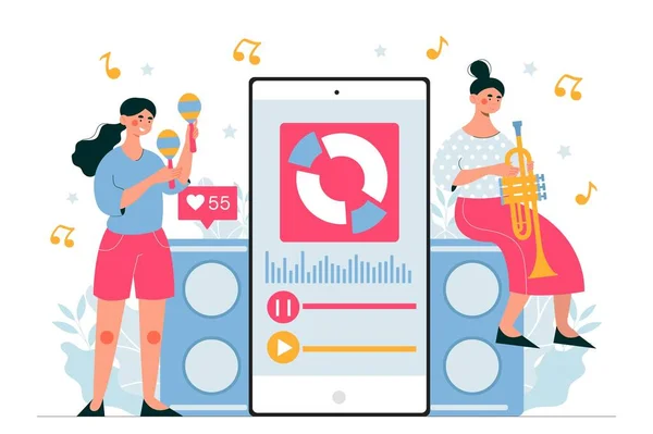 Musik Online Dienst Frauen Mit Maracas Und Trompeten Neben Lautsprechern — Stockvektor