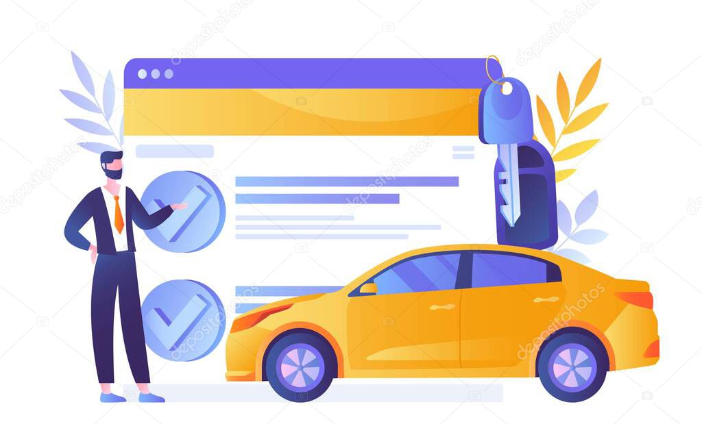 Auto insurance concept. Man stands near car against background of document with checkmarks. Vehicle safety, assistance and protection. Buy or rent transport. Cartoon flat vector illustration