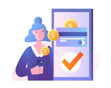 Kadın akıllı telefonla ödeme yapıyor. Telefonun yanında banka kartı ve altın paraları olan genç bir kız. Ticaret ve online alışveriş. Nakitsiz ödemeler ve internet üzerinden yapılan işlemler. Çizgi film düz vektör çizimi