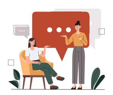 Kadınlar konsept konuşur. Kadınlar konuşma balonunun arka planında iletişim kurarlar. Genç kızların etkileşimi. Kız arkadaşlar dedikoduları, dedikoduları ve haberleri tartışırlar. Çizgi film düz vektör çizimi