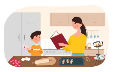 Yemek blogcusu kavramı. Anne ve oğlu mutfakta yemek hazırlıyorlar. Noel ve Yeni Yıl. Tarif ve zencefilli kurabiye yapmak için malzemeler. Çizgi film düz vektör çizimi
