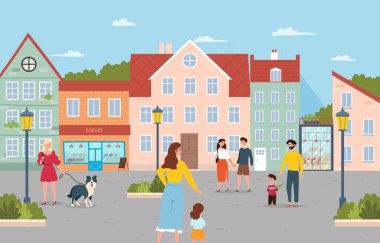 Etrafta gezinen insanlar. Şehir manzarası ve manzarası. Evlerin ve fırının yakınındaki sokakta çocuklu kadın ve erkekler.