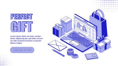 Mükemmel hediye konsepti. İçinde madeni paralar ve paketler olan dizüstü bilgisayar. Çevrimiçi alışveriş ve elektronik ticaret, ev teslimatı. Pazarlama ve reklam, iniş sayfası tasarımı. Karikatür izometrik vektör çizimi
