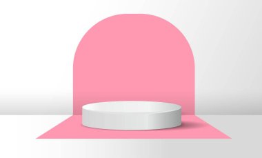 Pembe kemerli podyum. Sunumlar için yer. Beyaz ve mermer kaide. Soyut silindir ya da kozmetik ürünler için platform. Şablon, yerleşim ve modelleme. Gerçekçi 3B vektör illüstrasyonu