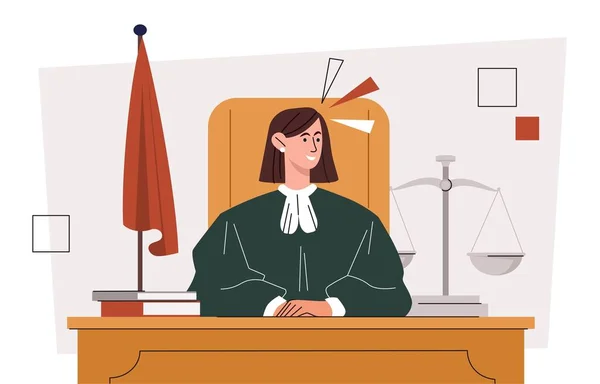 職場のコンセプトで判断する 女性はスケールの背景に座って椅子に座っています 正義と陪審について 裁判官の弁護士がいる クラークマネージャー 漫画フラットベクターイラスト — ストックベクタ