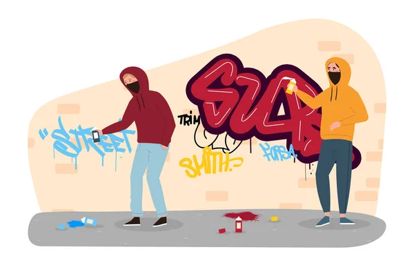 Uliczni Wandale Malują Graffiti Dzieciaki Farbą Sprayu Malują Duże Jasne — Wektor stockowy