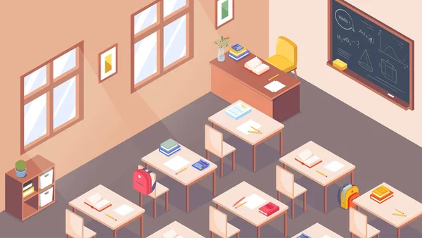 Isometrisches Klassenraumkonzept Tische Und Stühle Mit Schulbedarf Vor Der Tafel — Stockvektor