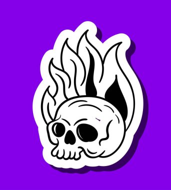 Kafatası çıkartması siyah beyaz. İskelet kafa yanıyor. Dia de los muertos ve ölüler günü, cadılar bayramı. Tebrik ve davet kartı için tasarım ögesi. Çizgi film düz vektör çizimi