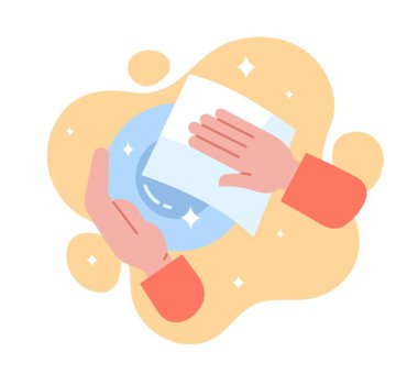 Eşyaları dezenfekte etme konsepti. Islak tabağı havluyla silen bir karakter. Ev işi, bulaşık yıkama, temizlik. Web sitesi afişi ya da afişi. Çizgi film düz vektör çizimi