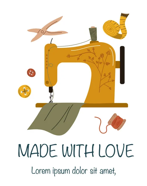 Сделано Любовным Баннером Концепции Швейная Машина Зеленым Куском Ткани Нитей — стоковый вектор