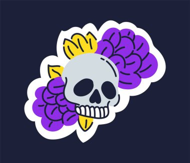 Yaprak kavramı ile kafatası. İskeletin başı eski usul. Meksika gelenekleri. Bitkilerle dolu bir kafatası. Davetiye ve tebrik kartı için tasarım ögesi. Çizgi film düz vektör çizimi