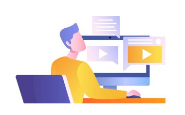 Çevrimiçi eğitim kavramı. Adam bilgisayar monitörünün önünde oturuyor. Ödev yapan, ders ya da seminer izleyen bir öğrenci. Mesafe dersleri, öğrenme ve eğitim. Çizgi film düz vektör çizimi