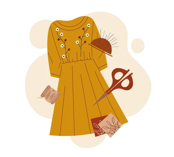 プロのミシンコンセプト 針のベッド 断片およびハサミが付いている黄色いドレス 服の製造 アトリエの在庫について 針仕事とハンドメイド 漫画フラットベクターイラスト — ストックベクタ