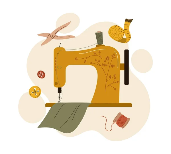 Профессиональная Швейная Концепция Швейная Машина Зеленым Кусочком Ткани Возле Кнопок — стоковый вектор