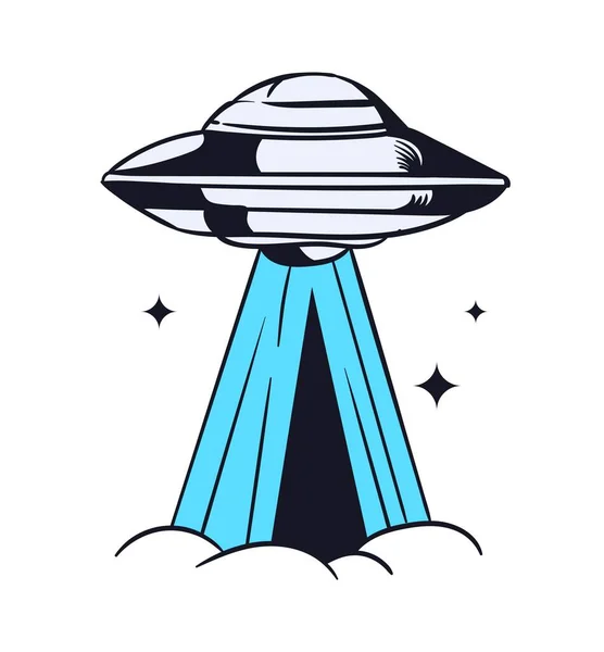 Űrlogó Koncepció Ufo Kék Sugárral Kozmoszban Idegen Űrhajó Csillagok Hátterében — Stock Vector