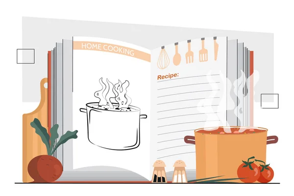 レシピブックのコンセプト スープポットと食材 本の近くの野菜 ホーム 料理と指示 自家製食品の準備と健康的な食事 漫画フラットベクターイラスト — ストックベクタ