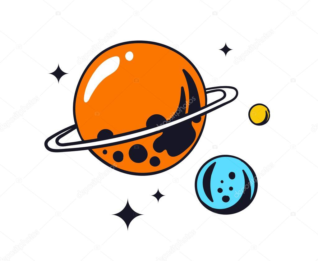 Space logo concept. Red space body with yellow and blue. Minimalistic creativity and art. Galaxy and universe. Template, layout and mock up. Cartoon flat vector illustration