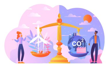 Çevre dostluğu kavramı. Büyük altın pulların yanında duran kadın ve erkek. Alternatif enerji kaynaklarına kıyasla CO2 kirliliği. Elektrik ve güç. Çizgi film düz vektör çizimi