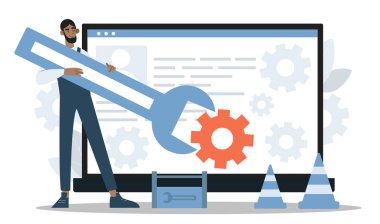 Bilgisayar sistemi onarımı. İngiliz anahtarı olan adam monitörün yanında. Teknik destek, programcı ve bilişim uzmanı. Yazılım geliştirme ve güncelleme kavramı. Çizgi film düz vektör çizimi
