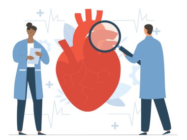 Kardiyolog ve kalp. Büyüteçli kadın ve erkek üniforması. Araştırma ve analiz. Düzenli kontroller, teşhis. Organları olan kardiyologlardan oluşan bir ekip. Çizgi film düz vektör çizimi