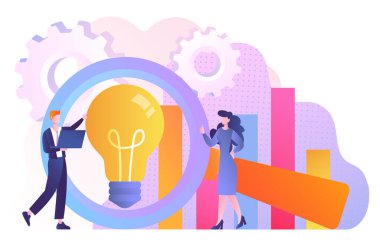 İş beklentisi konsepti. Takım elbiseli kadın ve erkek büyüteçle fikri ve ampulü değerlendir. Beyin fırtınası, işbirliği ve işbirliği, avantaj. Çizgi film düz vektör çizimi