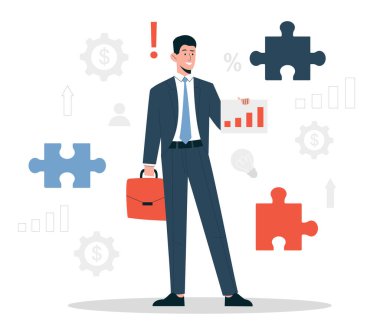 İş planı konsepti. Çantası olan takım elbiseli bir adam elinde çizelgeyle ayakta duruyor. Başarılı ve yetenekli bir girişimciydi. Farklı renkte bulmacaları olan genç bir adam. Çizgi film düz vektör çizimi