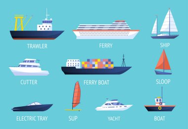 Metinli gemiler. Feribot, yat, yiyecek, balıkçı teknesi ve elektrikli tepsi. Seyahat ve ulaşım için deniz taşımacılığı koleksiyonu. Mavi arkaplanda izole edilmiş çizgi film düz vektör çizimleri
