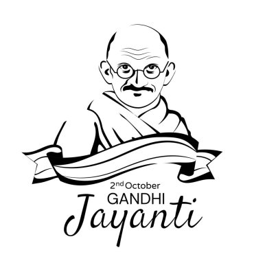 Mahatma Gandhi beyaz ve siyah. Geleneksel Hint bayramı ve festivali 2 Ekim 'de. Özgürlük ve bağımsızlık, vatansever. Afişte ya da afişte Hint ulusal kahramanı var. Çizgi film düz vektör çizimi