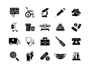 Hastalık simgeleri ayarlandı. Web sitesi için grafik elementlerin toplanması. Mikroskop, şırınga, kardiyogram ve tekerlekli sandalye, ilk yardım çantası. Beyaz arkaplanda izole edilmiş çizgi film düz vektör çizimleri