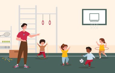 Beden eğitimi konseptinde çocuklar. Beden eğitimi öğretmeni gençlere ve okul çocuklarına talimat verir. Erkek öğrenci ip atlıyor, erkek futbol topunu tekmeliyor, kız basket oynuyor. Çizgi film düz vektör çizimi