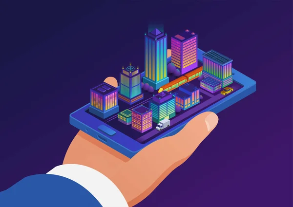 Smart City Your Phone Businessman Holding Smartphone Big Modern Buildings — Stock Vector