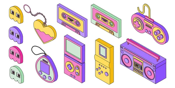 Jeu Isométrie Jeux Rétro Collection Joysticks Contrôleurs Cassette Audio Magnétophone — Image vectorielle