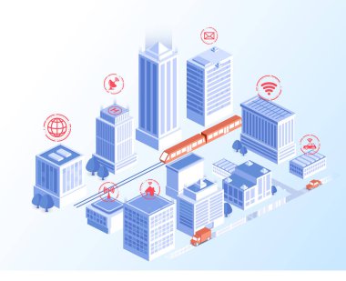 Beyaz akıllı şehir konsepti. Şehir mimarisi ve altyapısı. Modern yüksek binalar ve teknolojik binalar. Yerleşim ve modelleme. Kablosuz bağlantı ve internet. İzometrik vektör illüstrasyonu
