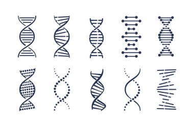 DNA simgeleri ayarlandı. Web sitesi için grafik elementlerin toplanması. Modül ve hücrenin yapısı. Mikrobiyoloji, genetik ve biyokimya. Beyaz arkaplanda izole edilmiş çizgi film düz vektör çizimleri