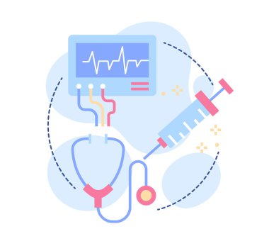 Doktor konseptine daha az yolculuk. Emzirme faydaları, sağlık ve önleme için bağışıklık sisteminin güçlendirilmesi. Kardiyogram, şırınga ve stetoskop. Çizgi film düz vektör çizimi