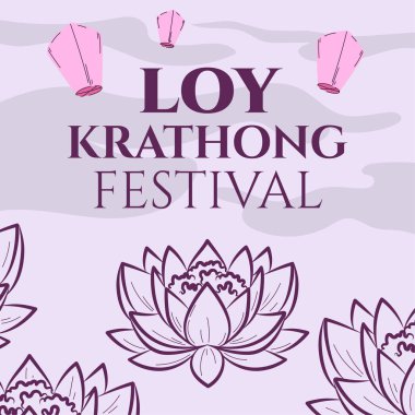 Loy Krathong festivali konsepti. Geleneksel Hint bayramı. Suyun üzerindeki Lily silueti. Davetiye ve tebrik kartı için tasarım ögesi. Tayland seyahati. Çizgi film düz vektör çizimi