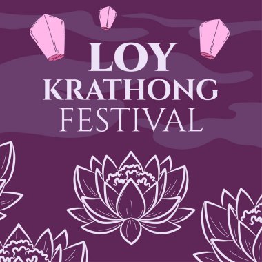 Loy Krathong festivali konsepti. Geleneksel Hint bayramı. Hava balonlu Lily. Kutlama ve festival, etkinlik. Şablon, yerleşim ve modelleme. Çizgi film düz vektör çizimi