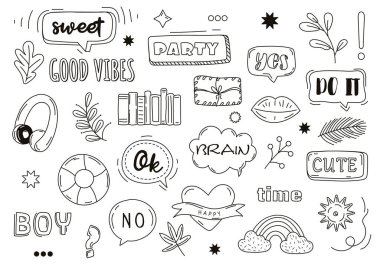 Çizim elemanları seti. 80 'lerde ve 90' larda. Metinli konuşma baloncukları koleksiyonu. Gökkuşağı ve kalp, kitaplar ve zarf. Beyaz arkaplanda izole edilmiş çizgi film düz vektör çizimleri